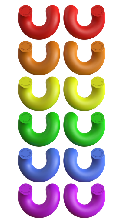 Set of colorful U-shaped magnets on a white background